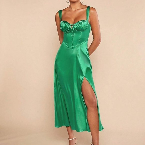 MODA ME COUTURE Dresses & Skirts - Ruched Bust Split Thigh Cami Midi Dress Green